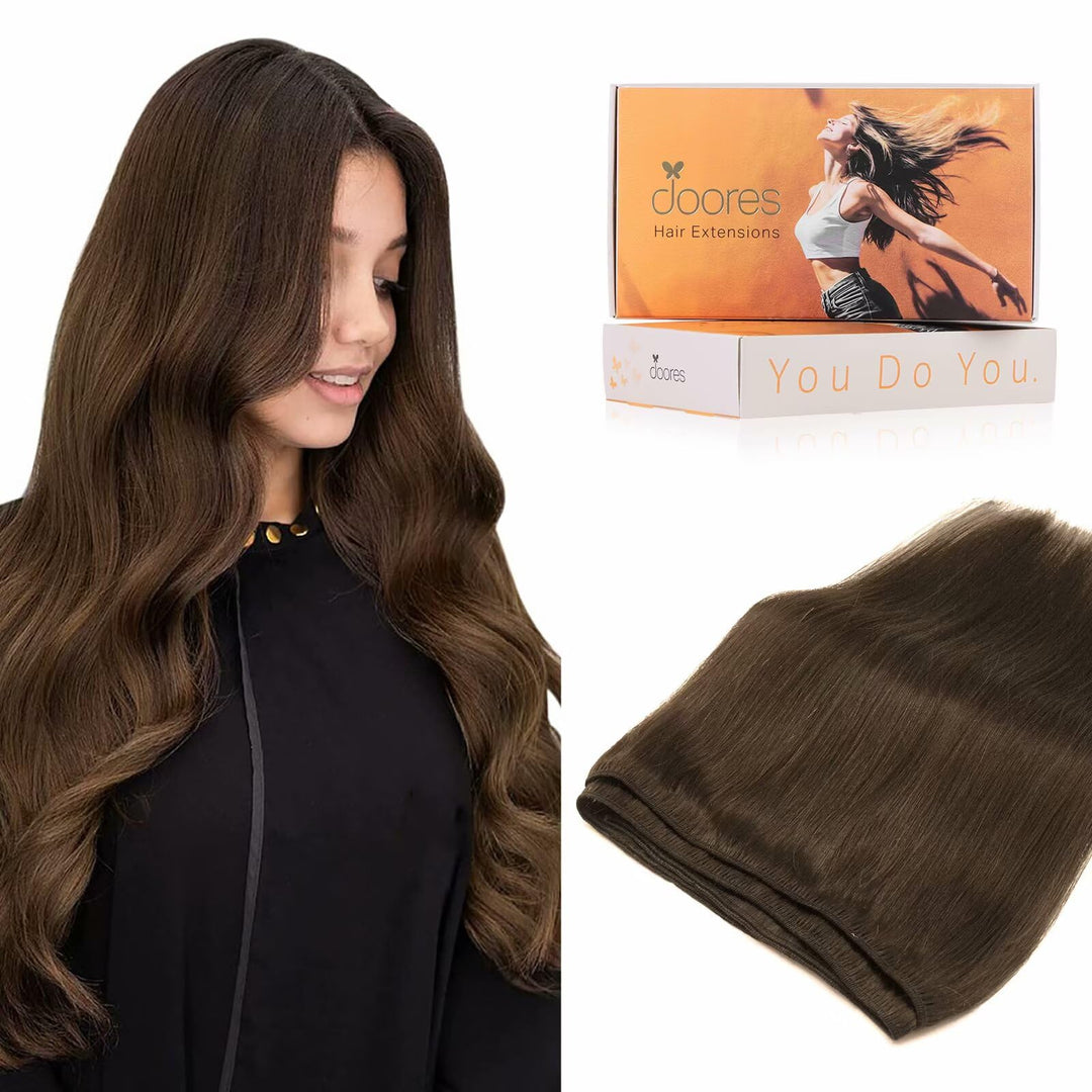 Doores Weft Hair Extensions, 20 Inch 100G Chocolate Brown Sew In Hair Extensions Real Human Hair Sew In Weft
