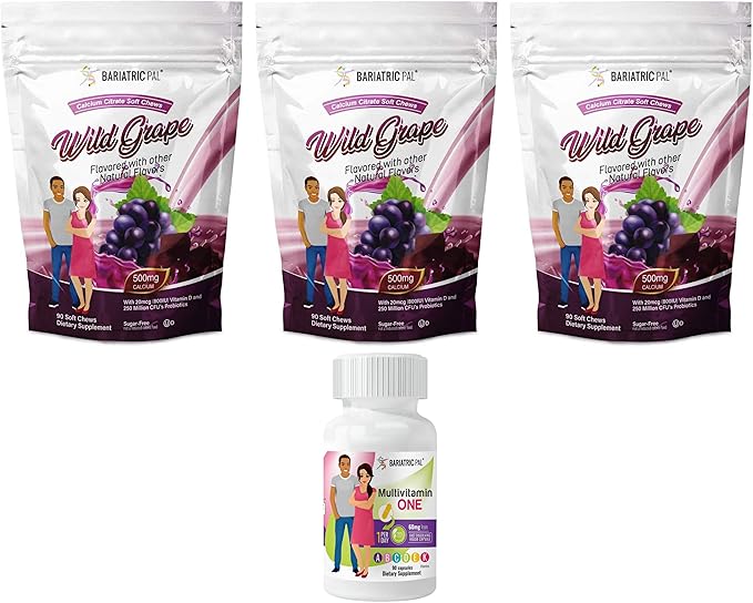 BariatricPal 90-Day Bariatric Vitamin Bundle (Multivitamin ONE 1 per Day! Capsule with 60mg Iron and Calcium Citrate Soft Chews 500mg with Probiotics - Wild Grape)