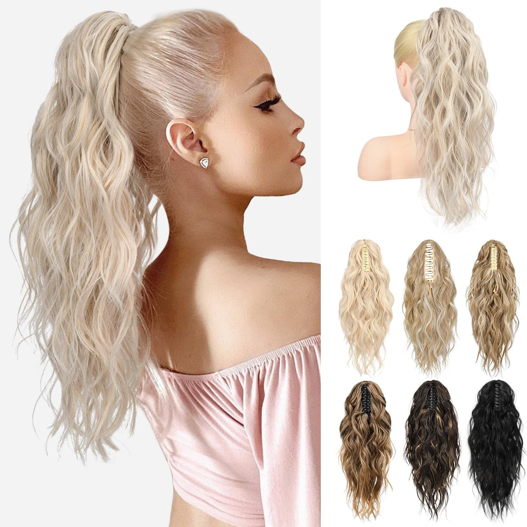 LONAI Ponytail Extension, 18" Wavy Claw Clip Ponytail Extensions ZJ001 Shoulder Length Curly Wavy Claw Clip in Ponytail Hair Extensions Synthetic Fake Pony tails Hairpieces-Light Smoky Blonde