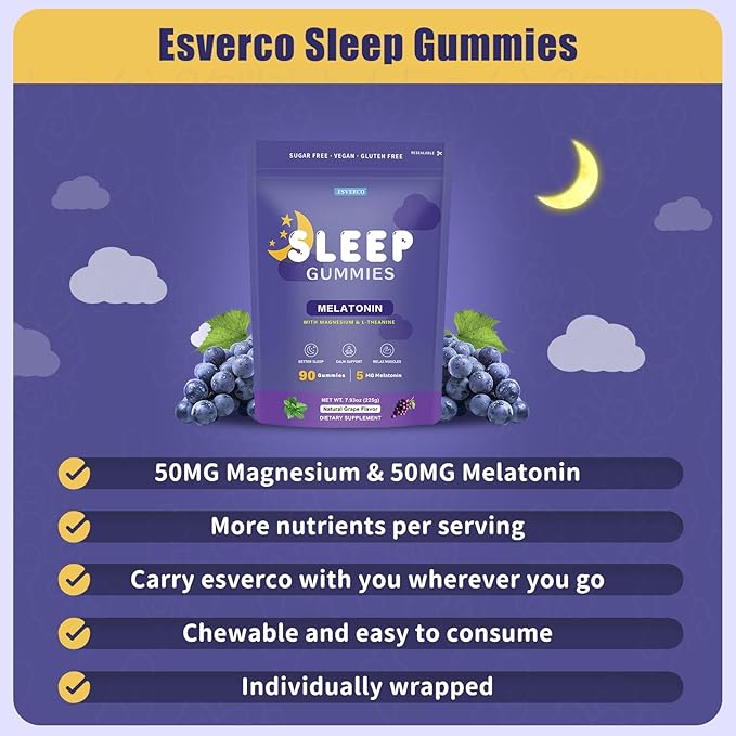 Sleep Gummies with 5mg Melatonin & 50mg Magnesium, L-Theanine, Lemon Balm, Blue Passionflower, Chamomile, Sleep Support, Help for Relaxation, Vegan, Grape Flavor, 90 Count