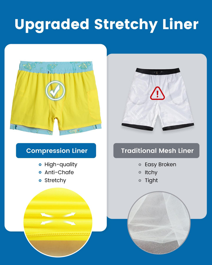 maamgic Mens Swim Trunks with Compression Liner 5" Stretch Athletic Swimming Shorts Quick Dry with Zipper Pockets No-Chafing Board Shorts Blue-Geometric Flamingo X-Small