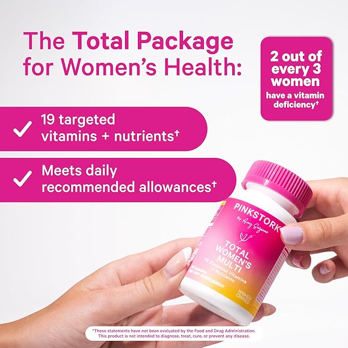 Pink Stork Total Women's Multivitamin - Supports Hair, Skin, Nails, Bone Health & Immune System - Includes B6, B12, Biotin, Iron & Zinc - Premium Women's Vitamins - 30 Capsules