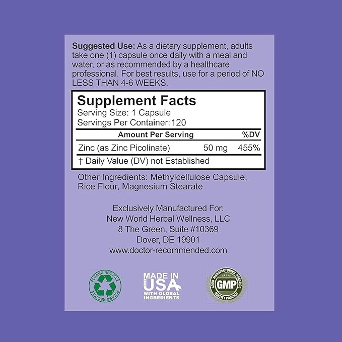 Zinc 50mg - Zinc Picolinate Immune Health Support Supplement 360 Veggie Capsules for Adults and Kids Vitamin, Well-Absorbed High Potency Pure Zinc Supplements - 50mg Per Serving