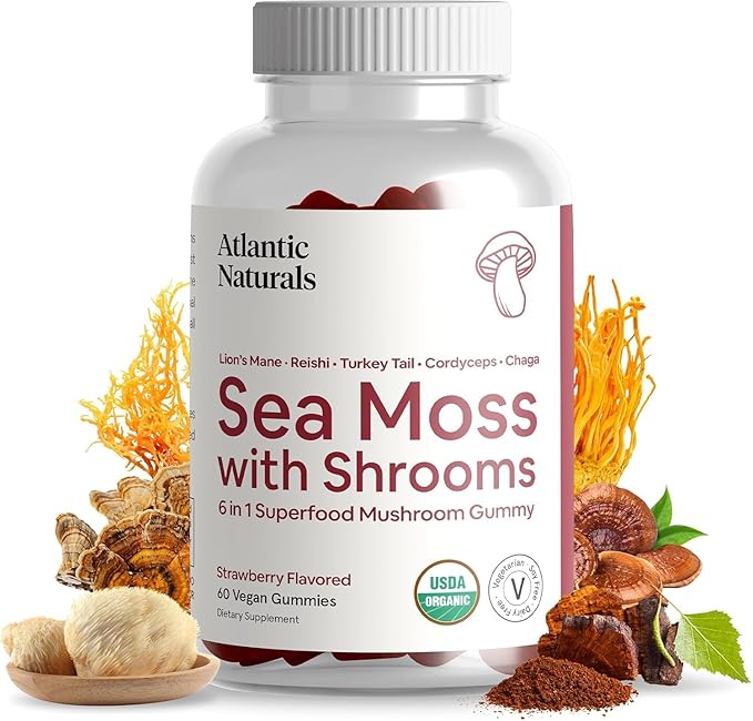 Atlantic Naturals Sea Moss with Shrooms - Mushroom Gummies Supplement - Organic Superfood with Irish Moss, Lion's Mane, Reishi, Cordyceps, Chaga & Turkey Tail - Focus, Energy, Immune Health - 60 ct