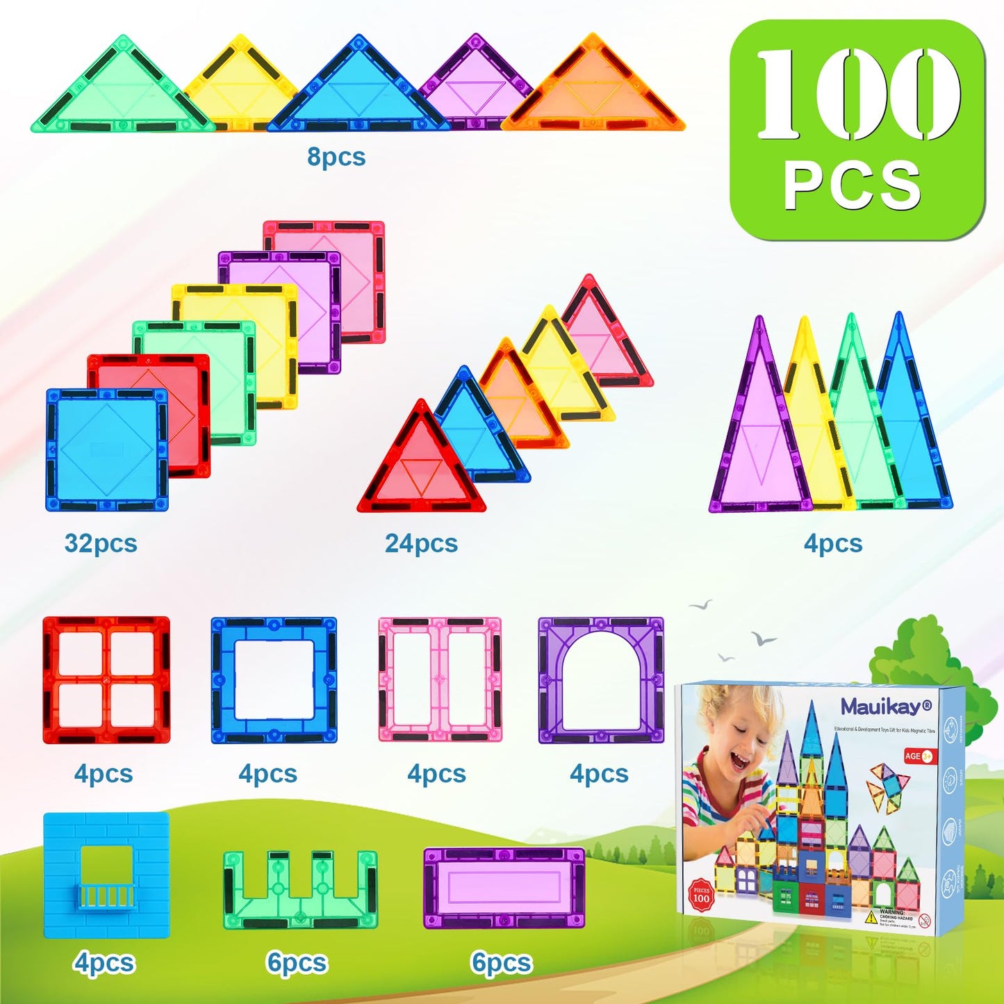 100PCS Magnetic Tiles Kids Toys - Magnetic Building Blocks STEM Magnet Building Set Preschool Learning for Kids Ages 3-8, Sensory Montessori Toys for Boys and Girls