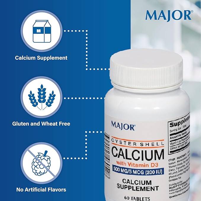 Major Oyster Shell Calcium with Vitamin D3 500 mg / 5 mcg (200 IU) - Calcium Supplement - 60 Tablets