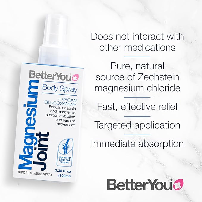 BetterYou Magnesium Joint Body Spray - Muscle Relief Spray - Topical Magnesium Chloride and Glucosamine - Cooling Menthol and Eucalyptus - 3.38 oz