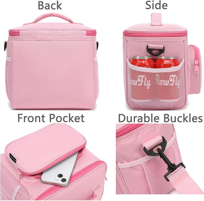 FlowFly Insulated Reusable Lunch Bag Adult Large Lunch Box for Women and Men with Adjustable Shoulder Strap,Front Zipper Pocket and Dual Large Mesh Side Pockets,Pink