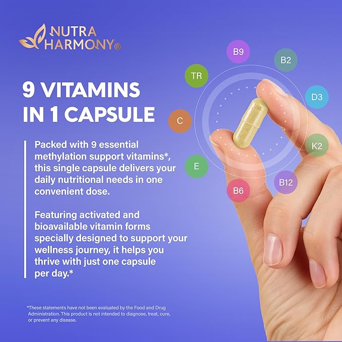 Methylated Multivitamin - B-Complex with Methylfolate & B12 - for Men & Women - 9-in-1 MTHFR Supplement with TMG - for Energy, Brain & Mood - Vegan, Lab Tested - Made in USA - 120 Capsules, One/Day