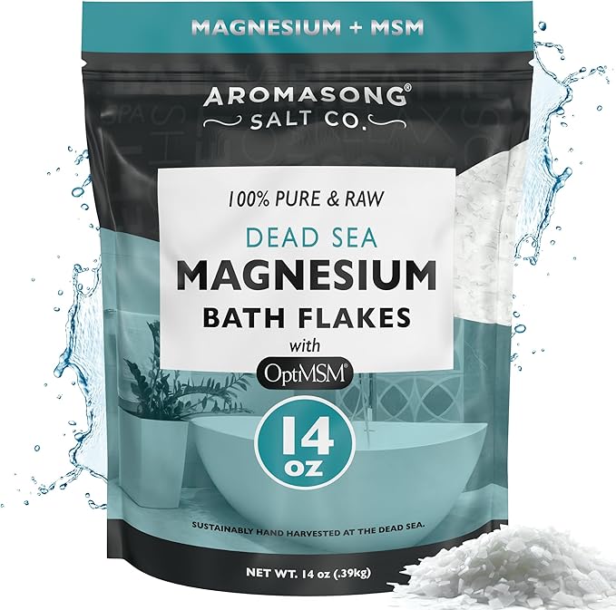 Aromasong RAW Magnesium Flakes + OptiMSM for Soaking 14 Oz. Resealable Pack - Muscle Relaxing Organic Bath Salts Magnesium Chloride Flakes.