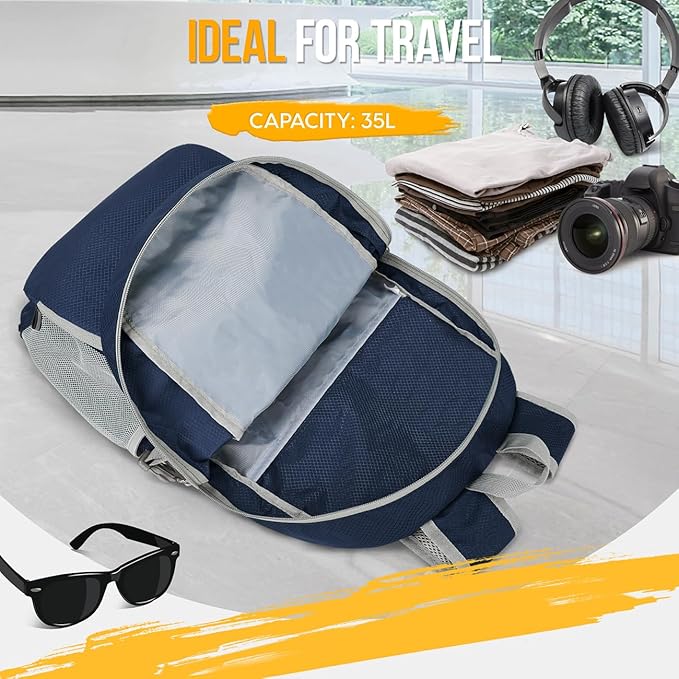ZOMAKE Lightweight Packable Backpack 35L, Light Foldable Backpacks Water Resistant Collapsible Hiking Bag, Compact Folding Day Pack for Travel Camping(Navy Blue)