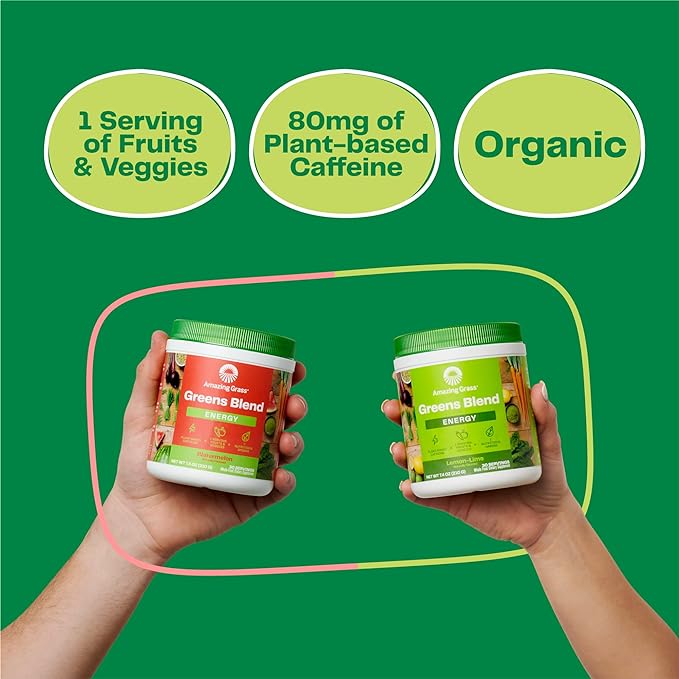 Amazing Grass Greens Blend Energy: Smoothie Mix, Super Greens Powder & Plant Based Caffeine with Matcha Green Tea & Beet Root Powder, Lemon Lime, 30 Servings (Packaging May Vary)