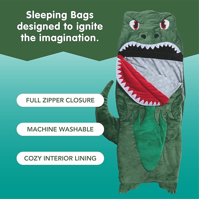 Bixbee Kids Dinosaur Sleeping Bag for 3+, 60 x 22 Inches, Soft Toddler Slumber Bag with Carrying Handle | Machine Washable for Naptime, Daycare