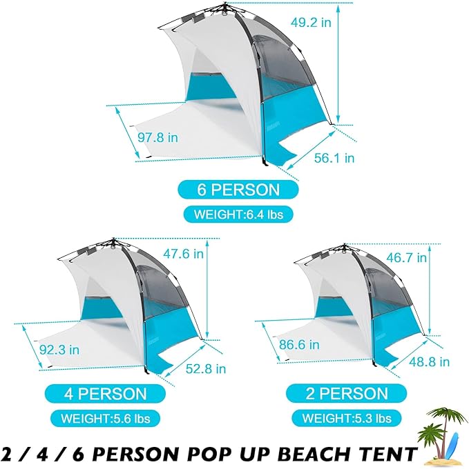 Beach Tent Pop Up Shade, Instant Beach Tents Sun Shelter with UPF 50+ UV Protection, Lightweight & Easy Setup Tent 2-6 Person