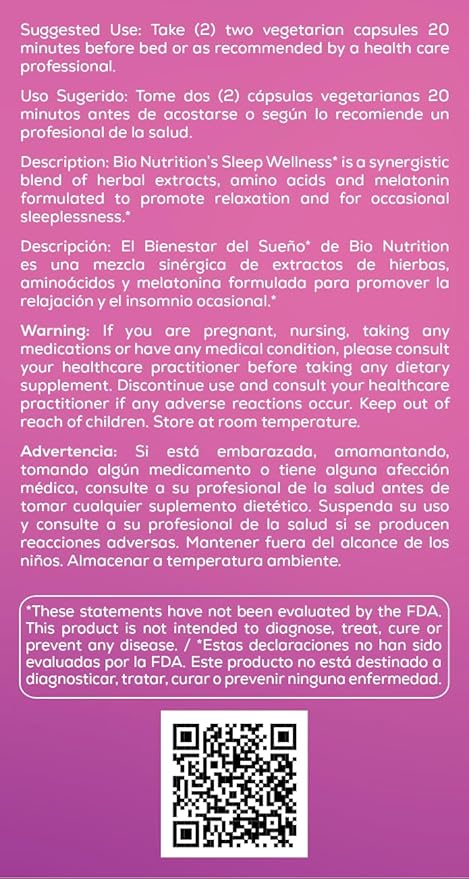 Bio Nutrition Sleep Wellness 60 Vegetarian Capsules | Wild Lettuce Extract | Supports Relaxation | Promotes a Better Sleep Cycle | May Assist with Stress Relief