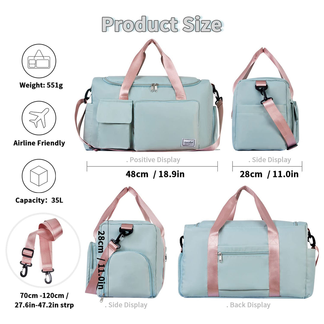 FIORETTO Women's Water-Resistant Gym Duffle Bag with Shoes Compartment, 37L Capacity, Multi-Functional, Ideal for Travel, Gym, Sports, Weekender, Green & Pink