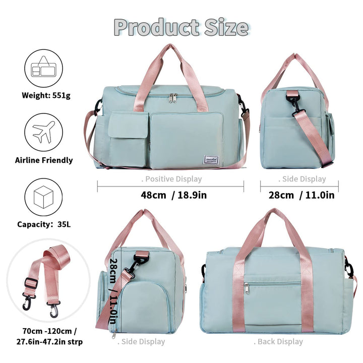 FIORETTO Women's Water-Resistant Gym Duffle Bag with Shoes Compartment, 37L Capacity, Multi-Functional, Ideal for Travel, Gym, Sports, Weekender, Green & Pink