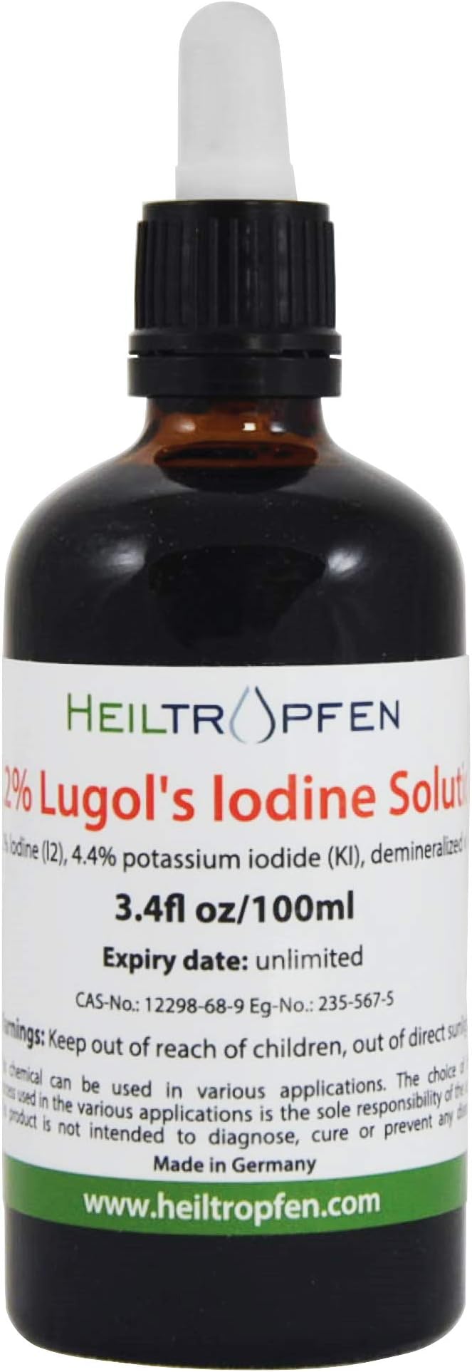 2.2% Lugol's Iodine Solution 3.4 Fl Oz | Pharmaceutical Grade Ingredients | Lugols Solution Made with Iodine and Potassium Iodide. Heiltropfen®