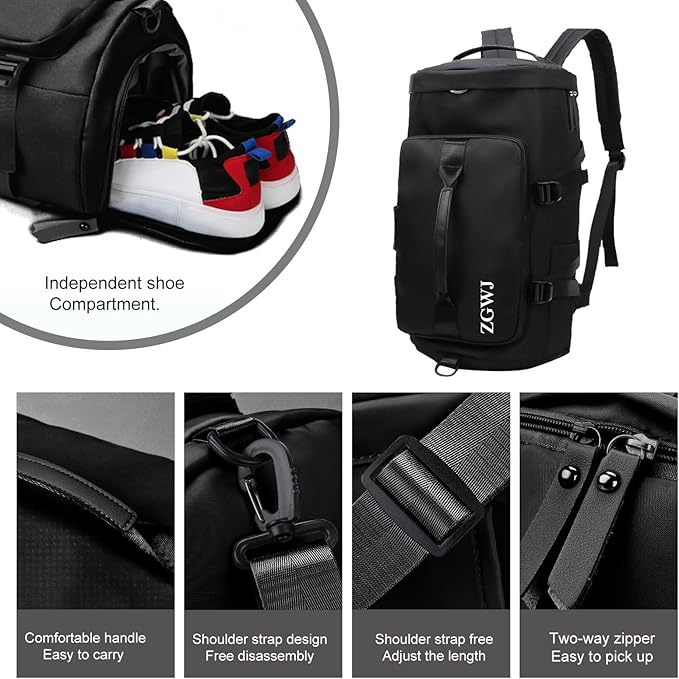 ZGWJ Sports Gym Bag with Wet Pocket & Shoes Compartment, Waterproof Shoulder Weekender Bag for Women and Men Swim Sports Travel Duffel Bag Lightweight and easy Carry on Black