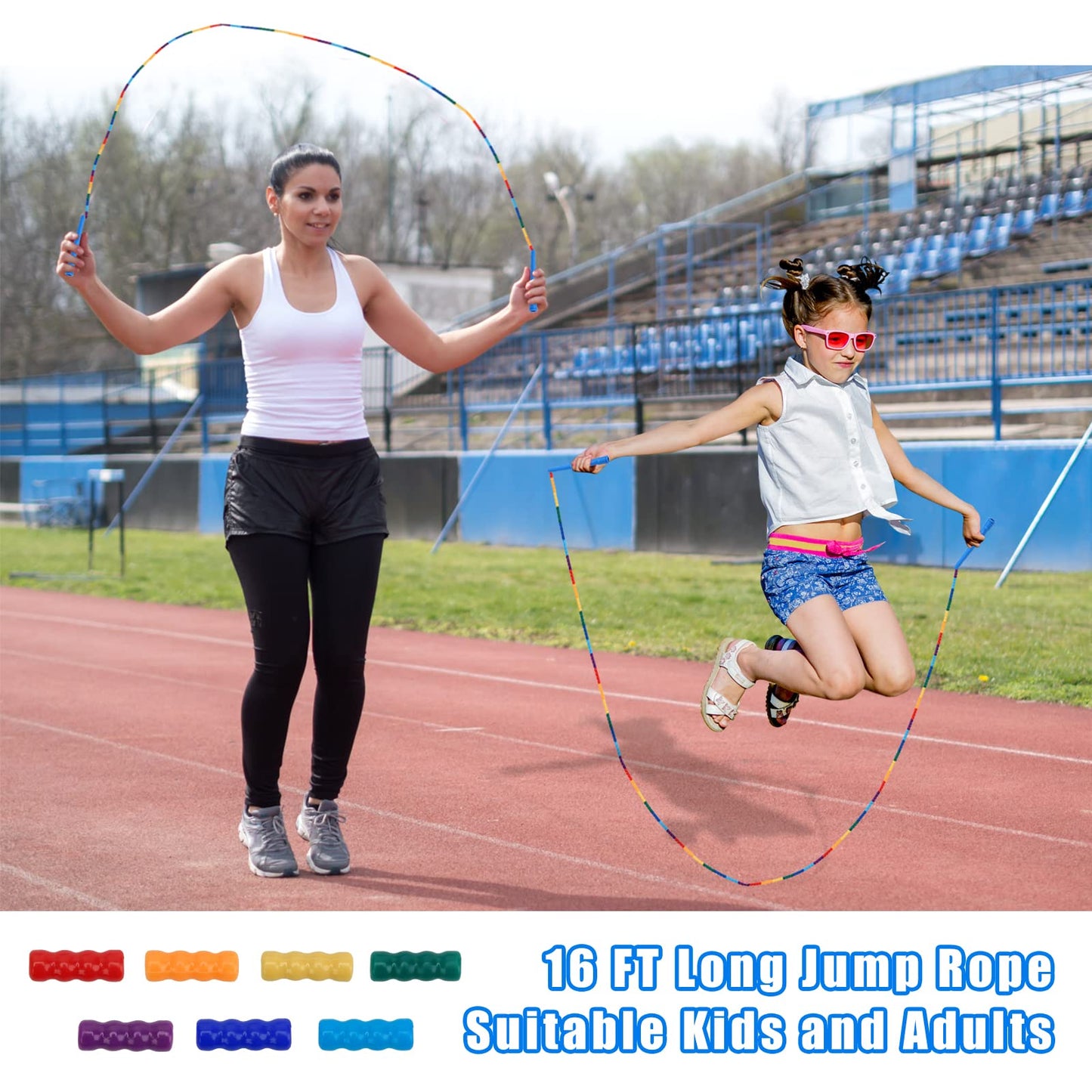 Coolrunner 16 FT Long Jump Rope(2 PACK), Double Dutch Jump Rope, Soft Beaded Skipping Rope for Kids Adults, Plastic Segmented Jump Rope, Long Enough for 4-5 Jumpers (Blue2)