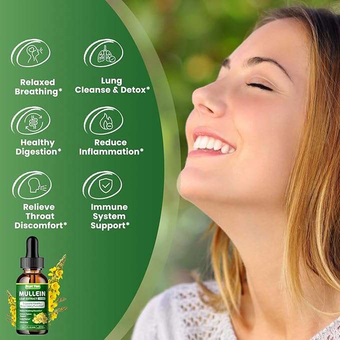 Mullein Drops for Lungs - 1500mg Mullein Leaf Extract Liquid Organic Herbal Supplement Support Lung Detox & Cleanse, Immune, Respiratory Function for Healthy Breathing - Natural Flavor, 2 Fl Oz, Vegan