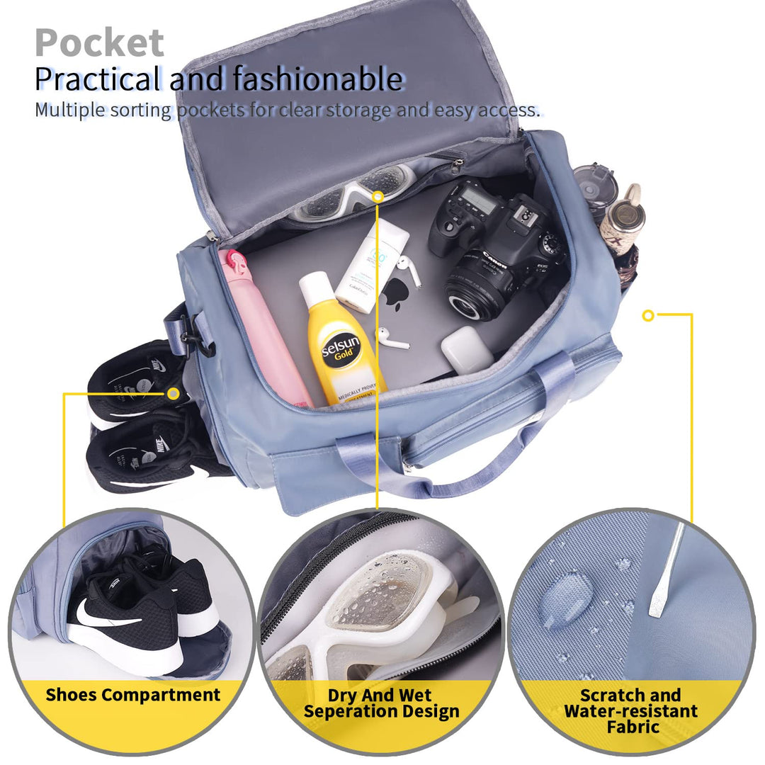 FIORETTO Women's Water-Resistant Gym Duffle Bag with Shoes Compartment, 37L Capacity, Multi-Functional, Ideal for Travel, Gym, Sports, Weekender, Blue