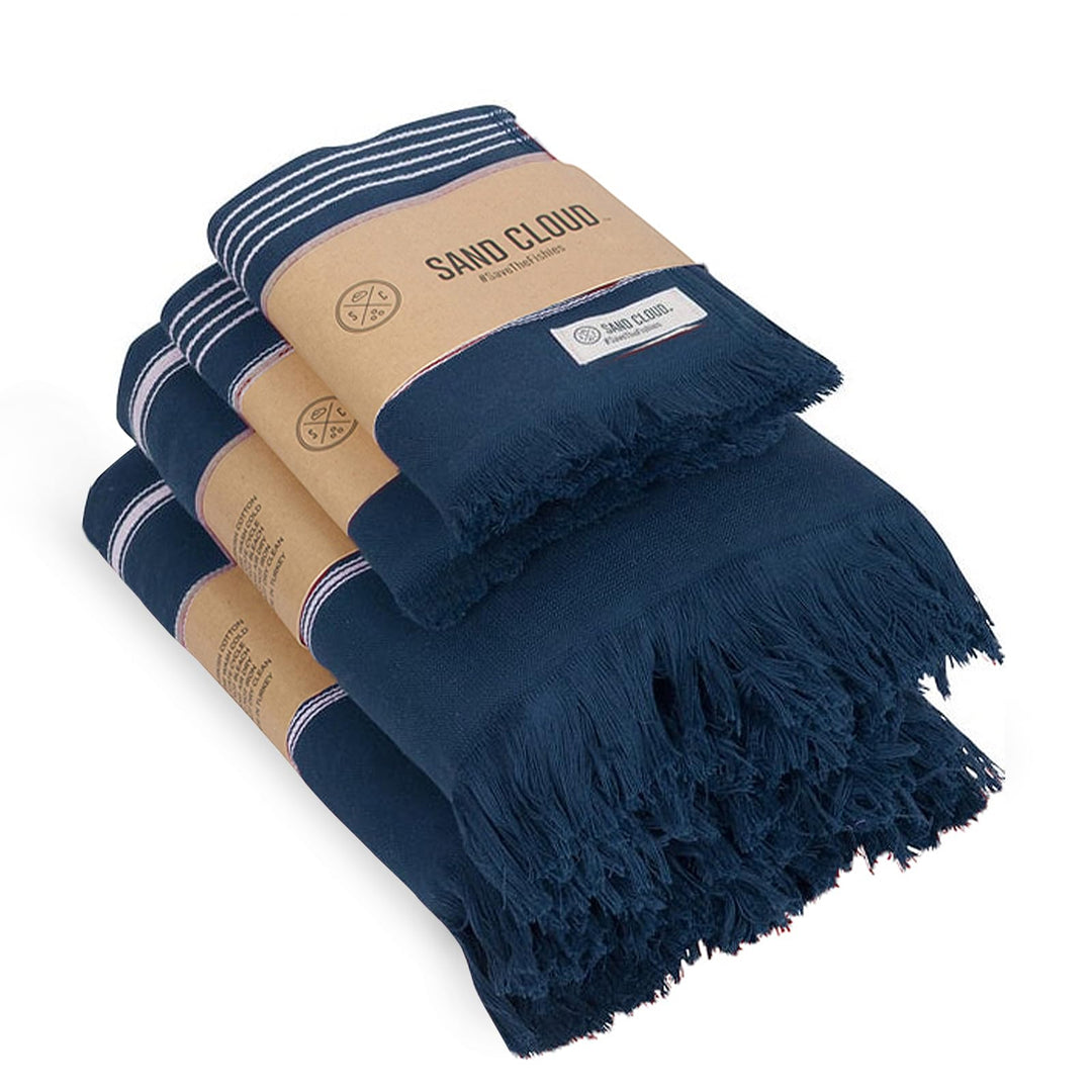 Sand Cloud Turkish Bath Towels Bundle for Bathroom, Set of 4 (Terra Navy) - Large Size - 100% Certified Organic Cotton Yarn is Lightweight, Soft & Absorbent - Premium Bath & Hand Towels Dry Faster