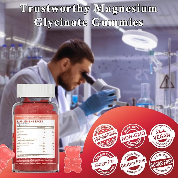 Magnesium Glycinate Gummies 800mg Per Serving, Sugar Free Magnesium Supplement with Magnesium Malate, Calcium, Vitamin D3, B6, CoQ10 for Calm Support & Sleep for Adults Kids