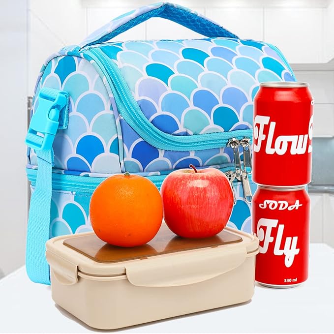 FlowFly Double Decker Cooler Insulated Lunch Bag Large Tote for Boys, Girls, Men, Women, With Adjustable Strap (Mermaid)