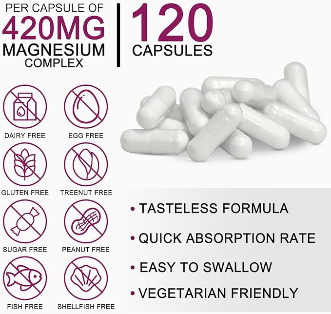 Magnesium Complex Supplement 420mg- 30mg Vitamin B6-5 in 1 Ultra Absorption Magnesium Glycinate, Oxide, Malate, Taurate & Citrate - Vegan Non-GMO Mag120 Capsules for Sleep, Muscle, Energy & Heart
