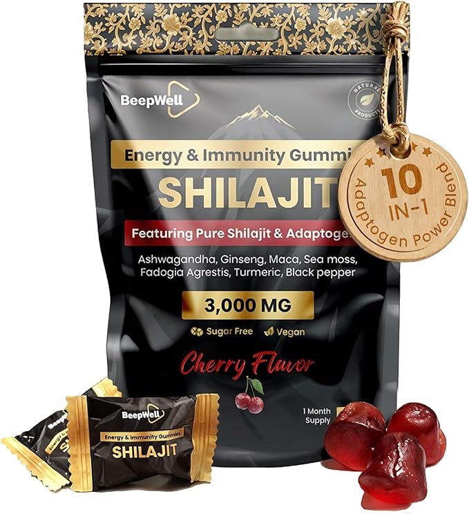 Pure Himalayan Shilajit Gummies Gold Grade Shilajit Riched with Ashwagandha Fulvic Acid & 85+ Trace Minerals - No Added Sugar - Individually Wrapped - for Men & Women - 60 Gummy