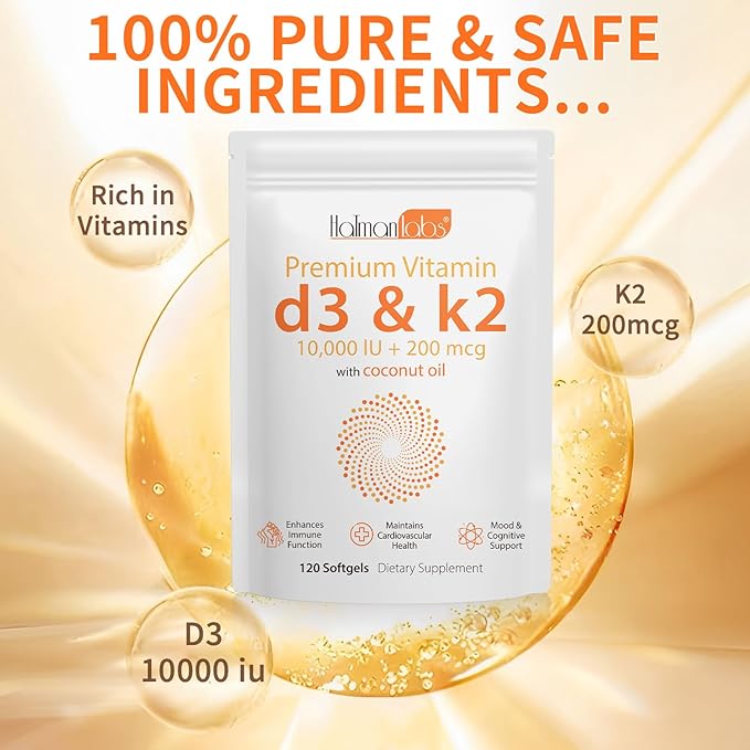 2 Bag Vitamin D3 K2 Supplement Softgel, Vitamin D3 K2 Softgel with 10000 IU Supports Immune, Heart, Teeth & Bone Health, Free of GMO, Gluten, Soy