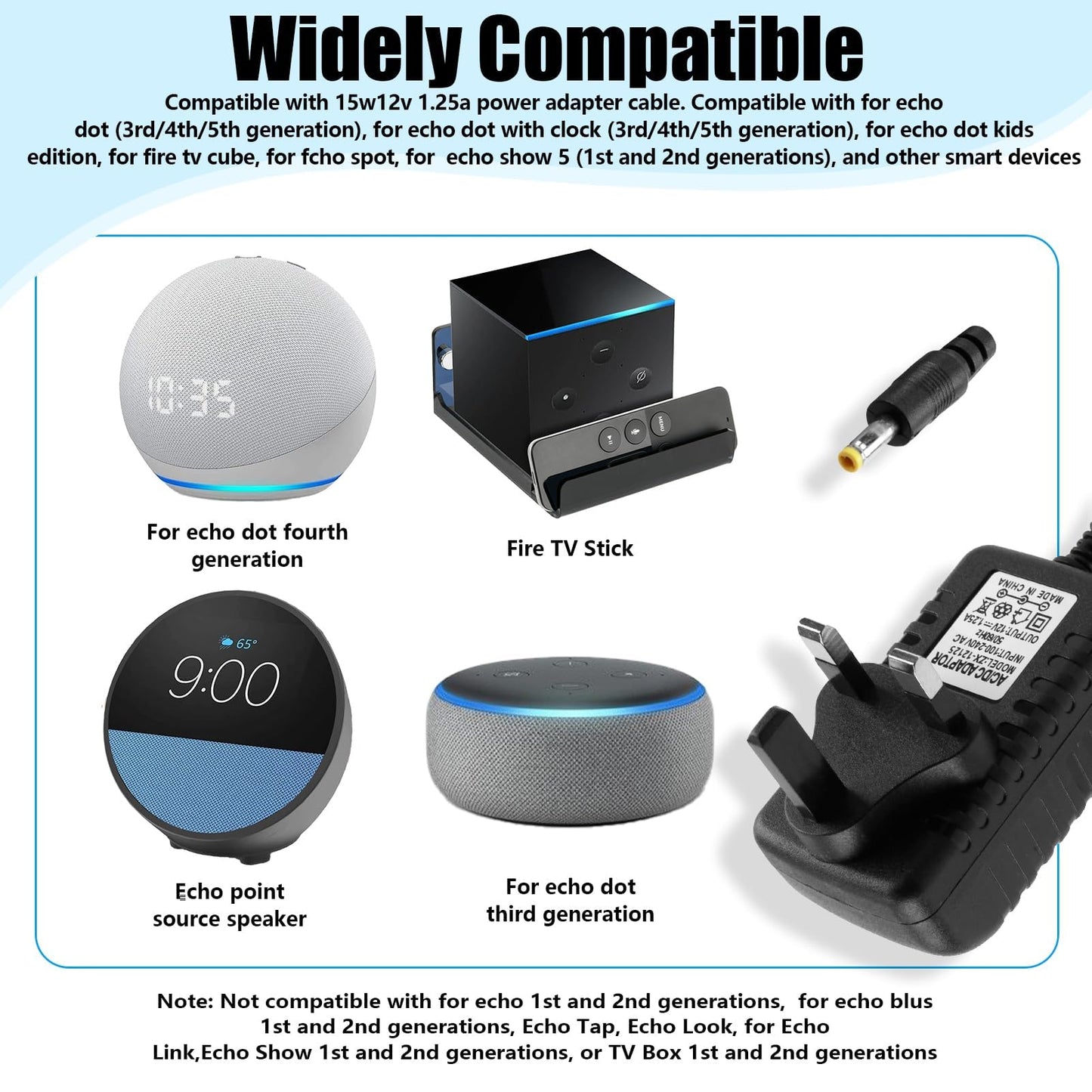 12V 1.25A Power Supply Charger， Compatible with Echo Dot 3rd/4th/5th Gen and Echo Dot with Clock 15W Power Cable Adapter with 4.0x1.7mm Plug for Smart Devices Durable 6.5FT Cord for Home or Office