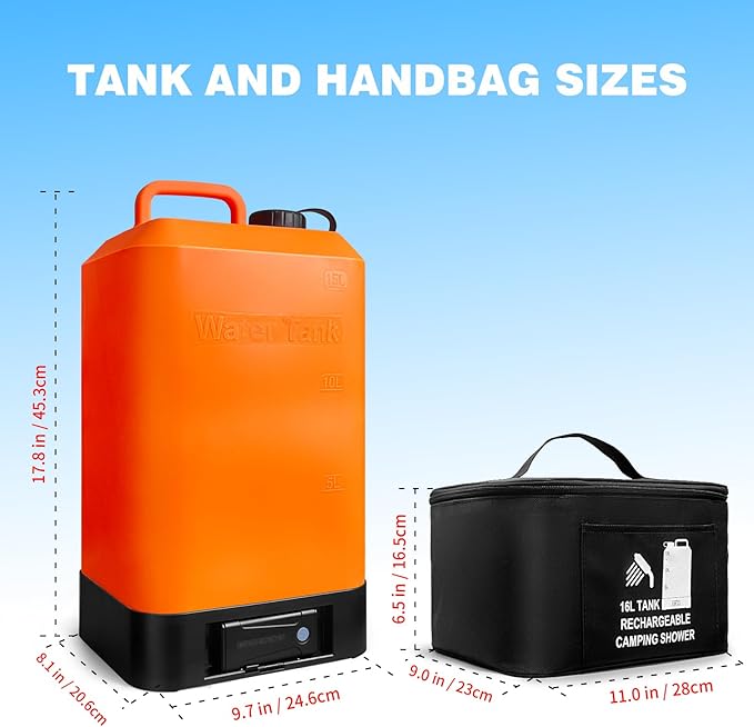 B. TAWD 4.5 Gallon Silicone Water Tank, Portable Camping Shower, USB Battery Charging, Solar Heating, with Shower Head, Electric Portable Outdoor Shower, Built-in Thermometer, Beach, Camping, Hiking