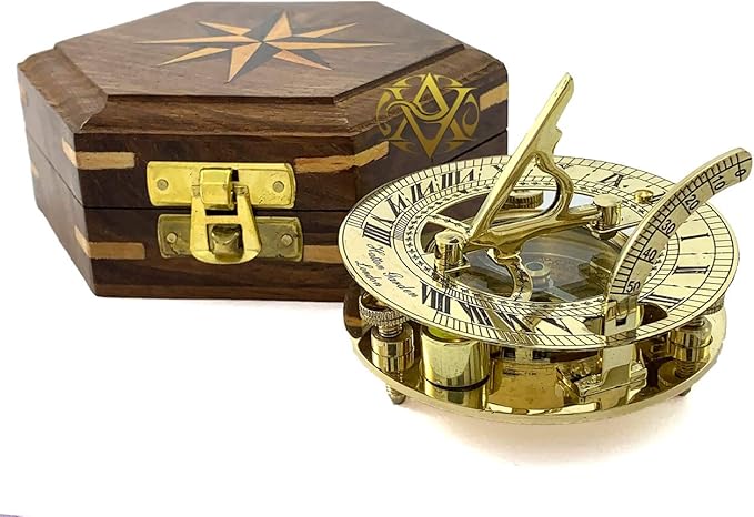 AV Nautical Sundial Brass Compass with Wooden Box - Gifts for Father/Brother/Sailor/Marine