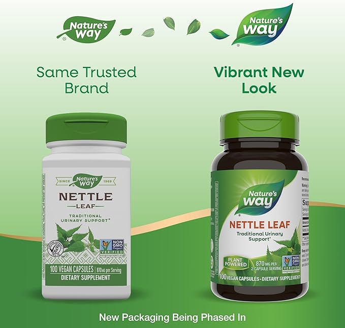 Nature's Way Nettle Leaf, Traditional Urinary Support*, 870 mg per 2-Capsule Serving, Non-GMO Project Verified, Vegan, 100 Capsules (Packaging May Vary)