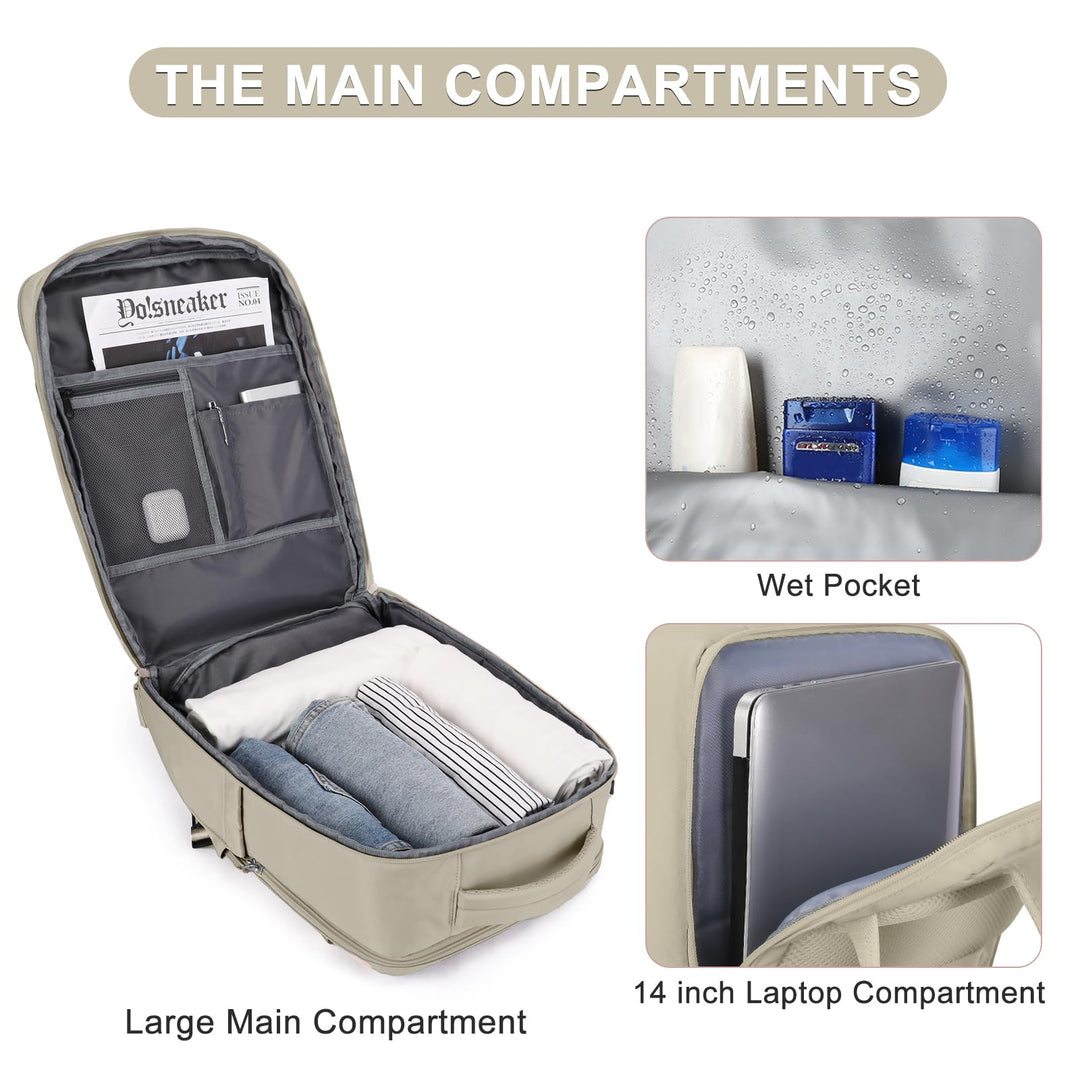 coofay Backpack, Laptop Travel Daypack for Women & Men, Airline Approved Carry On, 15.6'' Laptop Compartment, Waterproof, Anti-Theft, USB Port, Shoes Compartment, 2L, Khaki