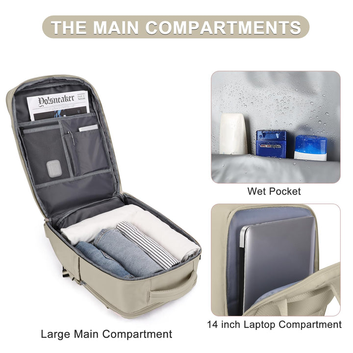 coofay Backpack, Laptop Travel Daypack for Women & Men, Airline Approved Carry On, 15.6'' Laptop Compartment, Waterproof, Anti-Theft, USB Port, Shoes Compartment, 2L, Khaki