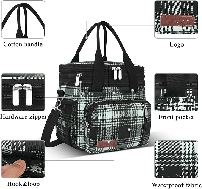 MIYCOO Lunch Bag & Lunch Box for Men Women Double Deck - Leakproof Insulated Soft Large Adult Lunch Cooler Bag for Work (Checkered Black and White,15L)