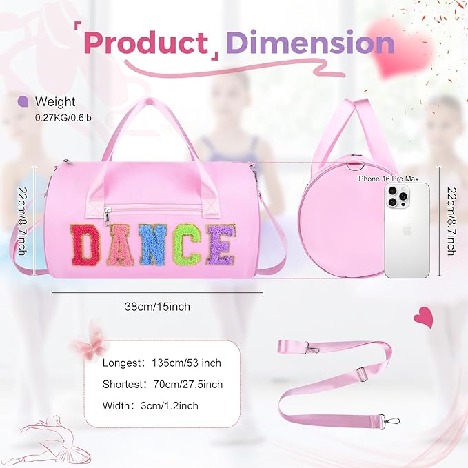 Dance Bag for Girls, KUIRAN 23L Waterproof Travel Duffel Bag with Colorful Chenille Letter, Lightweight Small Gym Sport Ballet Bag Weekender Bag with Large Main Compartment - Pink