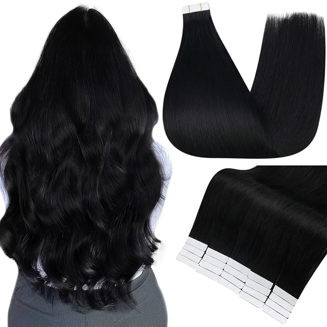 Full Shine Tape in Hair Extensions Human Hair 10 Inch Color 1 Jet Black Invisible Remy Tape in Extensions 30g Seamless Tape Ins Human Hair Extensions 20PCS Add Volume