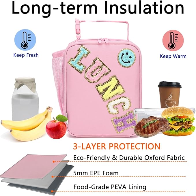 Insulated Lunch Bag for Women Girl Teen large Insulated Kid Lunch Bag,Large Reusable Cute Cooler Bag for School Work Picnic,Pink Alphabet