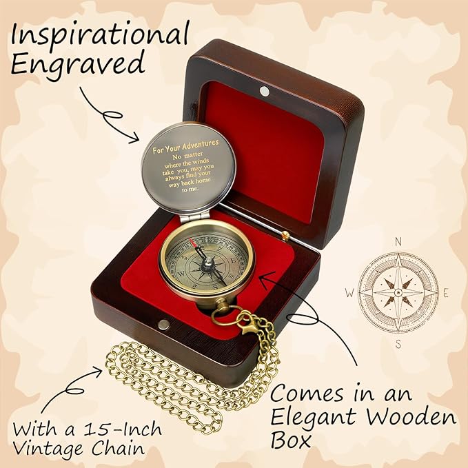 Compass Gift Set Engraved Compass with Chain Souvenir Present Bracelet with Greeting Card Walnut Wooden Box Gift Box for Women Men Friends Party Souvenir Favors