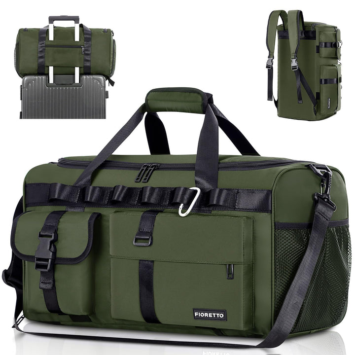 FIORETTO Women's Men's Water-Resistant Gym Duffle Bag with Shoes Compartment, 45L Capacity, Multi-Functional, Ideal for Travel, Gym, Sports, Weekender, Army Green