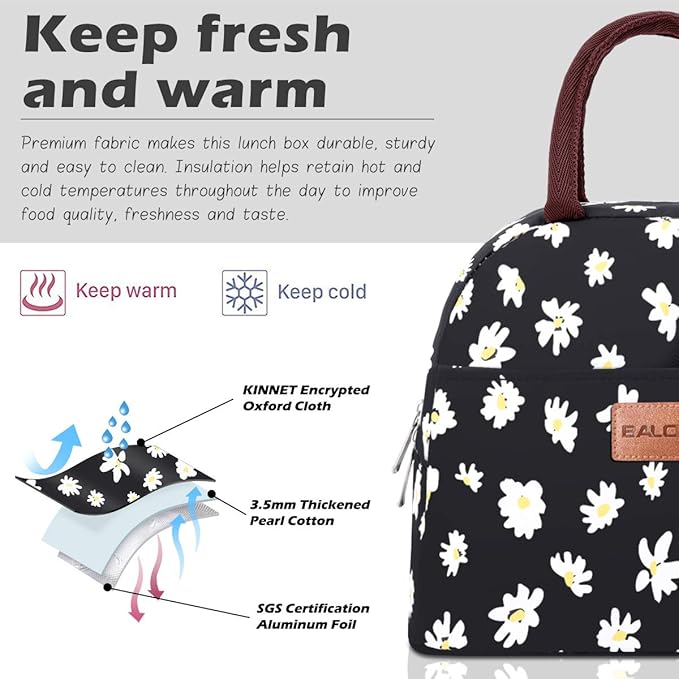 BALORAY Lunch Bag for Women Men Insulated Lunch Box for Adult Reusable Lunch Tote Bag for Work, Picnic or Travel (Daisy)