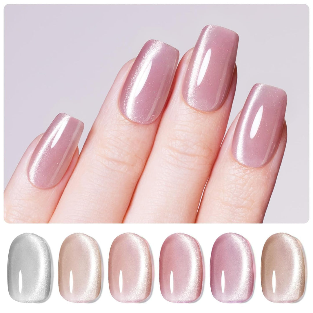 Beetles Cat Eye Gel Nail Polish Set, 6 Color Jelly Shimmer Glass Nude Pink Purple Spring Gel Nail Polish with Magnet