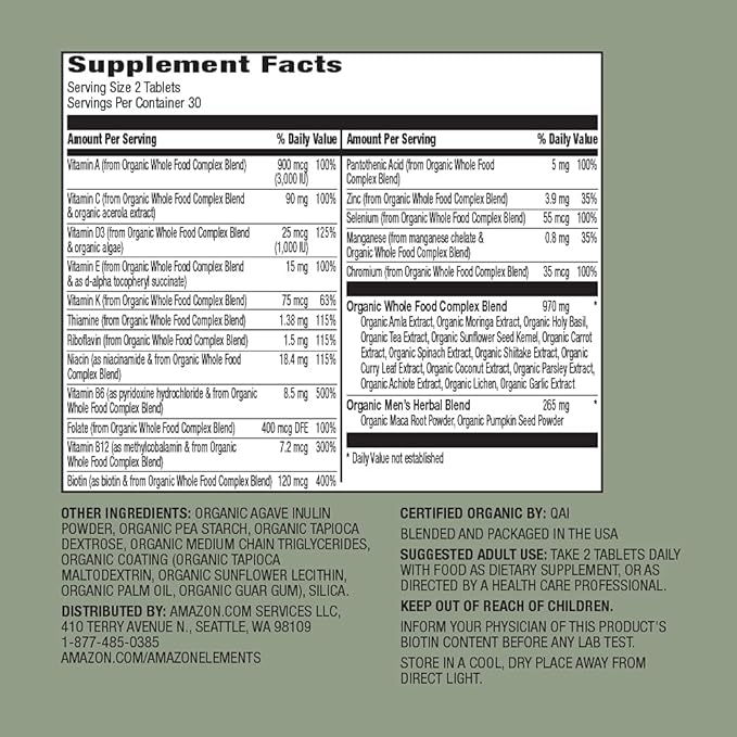 Amazon Elements Organic Whole Food Men's Multi, 60 tablets