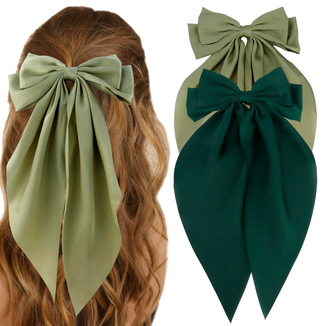 Atoden Silky Satin Green Oversized Bowknot Bow Hair Accessories: 2 Pcs Large Hair Barrettes With Long Tails, Metal Clips For Aes