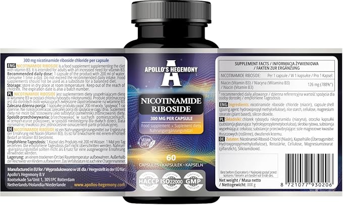 APOLLO'S HEGEMONY Nicotinamide Riboside (NR) 300 mg - 60 Niacin Vegan Capsules - 2 Months Supply - NAD+ Precursor - Vitamin B3 Supplement to Support Energy Metabolism and Reduce Tiredness