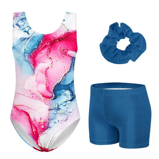TUONROAD Leotards for Girls Gymnastics with Matching Shorts Ballet Dance Set Kids Girl's Hot Pink Blue Athletic Leotards with Hair Scrunchie Colorful Marble,4 5 Year Old